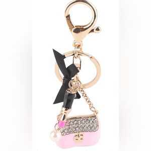 Pink Rhinestone Mini Purse Bag Charm Keychain ~ Bling Bow Lipstick Charm ~ NIP